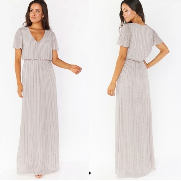 Show Me Your Mumu | Michelle Flutter Maxi Dress Dove Gray Beaded - Picture 1 of 7